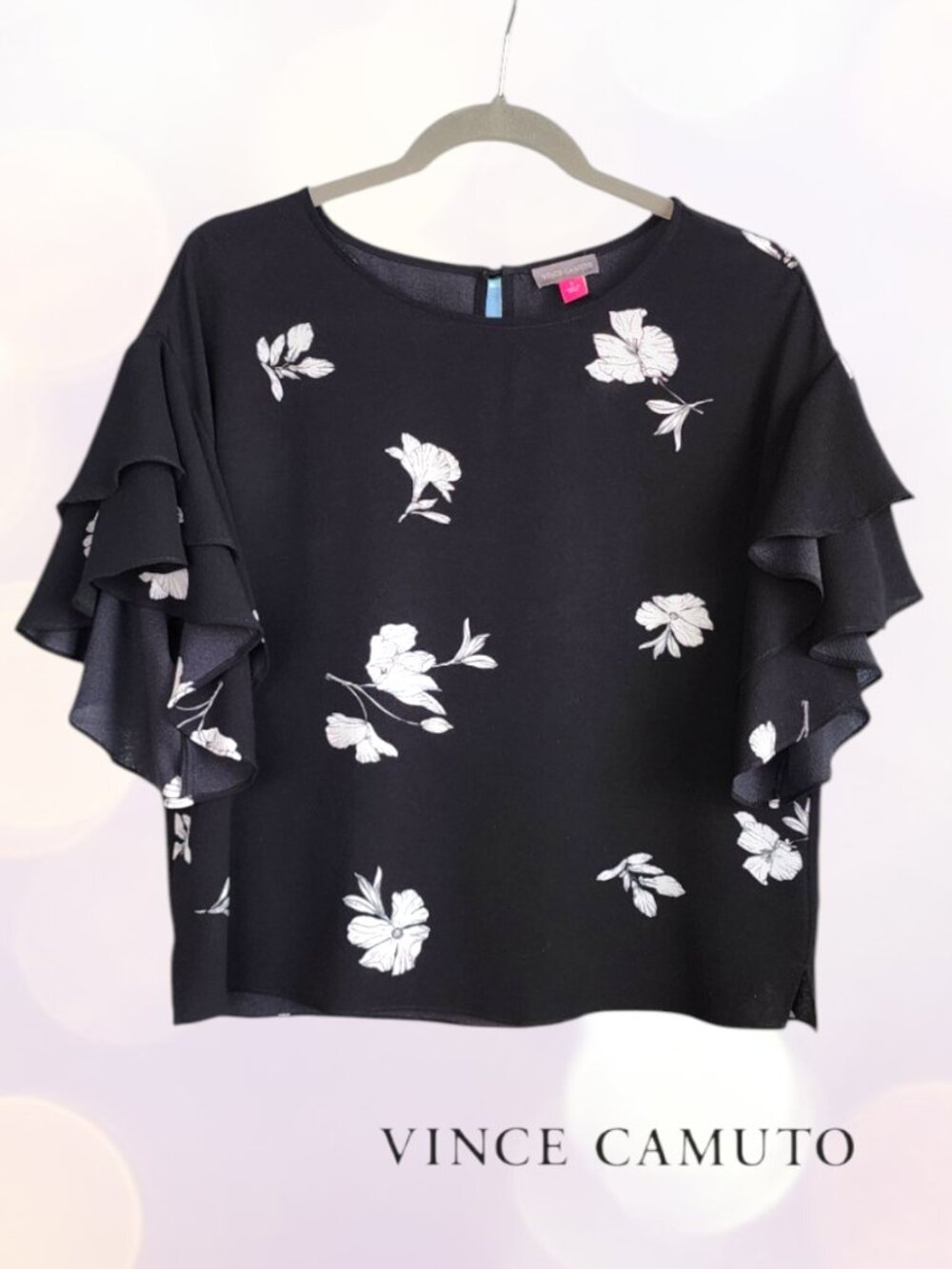 Vince Camuto S Short Sleeve Top Blouse Floral Black and White